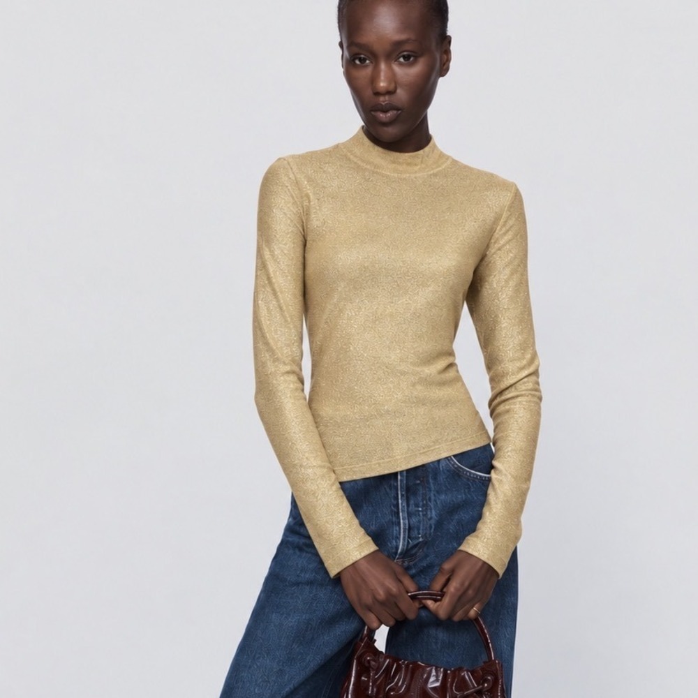 St. John Collection Marie Gray Gold Metallic Mock Neck Half Zip Knit Top L